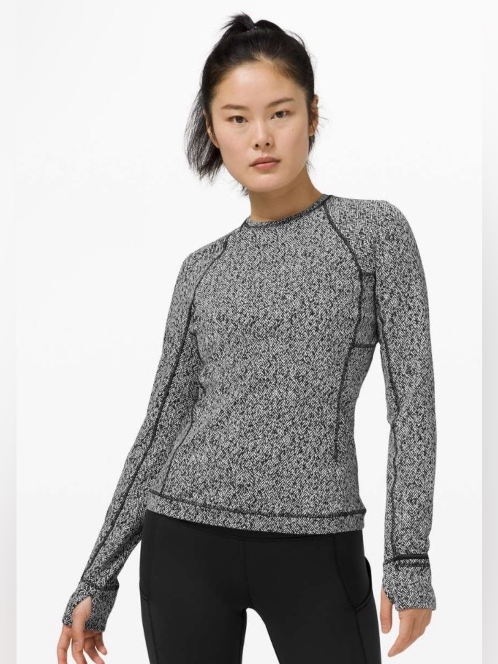 lululemon Runderful Long Sleeve in Scattered Herringbone Black & White | Size 8